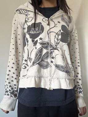 Billabong Cream Zip-Up Hoodie with Black Floral & Star Print